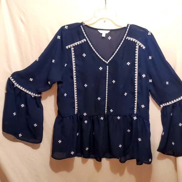TOP TIME AND TRU, BOHO TOP, NAVY WITH WHITE EMBROIDERY, LARGE, SHEER - Picture 1 of 8